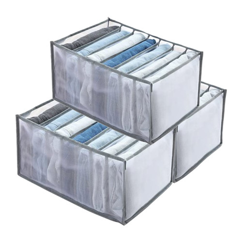 Apehuyuan Wardrobe Clothes Organizer 7 Grids Nylon Mesh Washable Foldable Jeans Compartment Storage Closet Drawer Separation Box For Clothing(3 Grey)