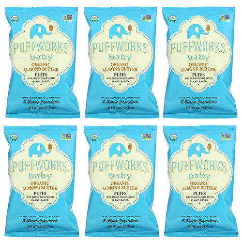 Puffworks Baby Organic Almond Butter Puffs, With Peanut Butter, Plant-based Protein, Usda Organic, Gluten-free, Vegan, Non-gmo, Kosher, 0.5 Ounce (pack Of 6)