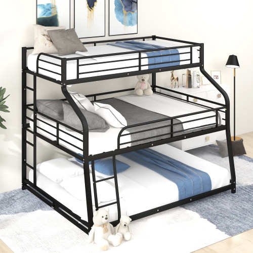 Metal Triple Bunk Bed Frames With Built-in Ladder And Full-length Safety Guardrails For Boys& Girls&teens, No Box Spring Needed Platform, Twin Xl Xl Over Queen, Black