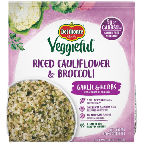 Del Monte Frozen Riced Cauliflower & Broccoli, Garlic And Herb 10 Oz. Bag