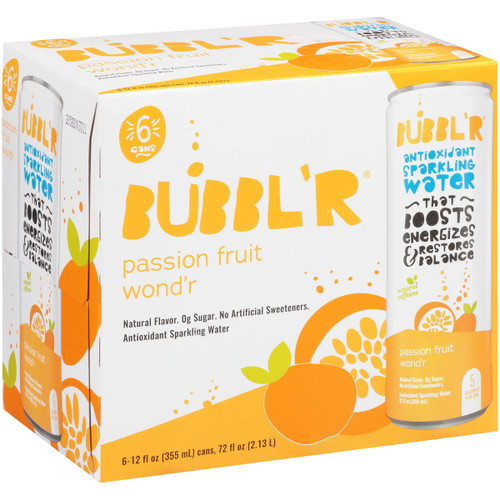 Bubbl'r Passion Fruit 12oz Can (6pk-4) Antioxidant Sparkling Water With A Boost Of Caffeine