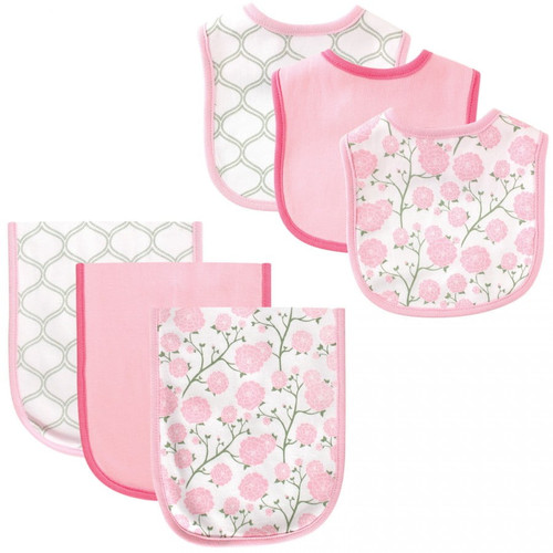 Hudson Baby Infant Girl Cotton Bib And Burp Cloth Set 6pk, Flower, One Size
