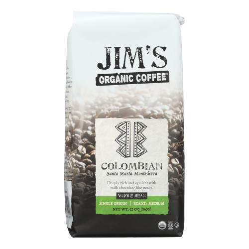Jim's Organic Coffee Colombian Santa Marta Montesierra Whole Bean Single Origin Coffee, 12 Oz