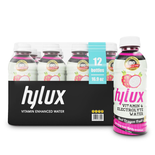 Hylux Electrolyte Water In Red Dragon Fruit Flavor With Fewer Calories, Pack Of 12 Cases ( 16.9 Oz)