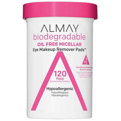 Almay Biodegradable Oil Free Micellar Eye Makeup Remover Pads, Hypoallergenic, Cruelty Free, Fragrance Free Cleansing Wipes, , 120 Count