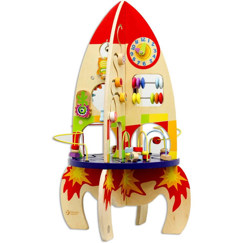 Classic Toy Natural Wood Color Multi Activity Rocket - Ages 18 Months And Up