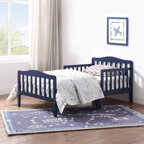 Goory Sturdy Toddler Bed With Fence Modern Children Beds Space-saving Safety Platform Slat Support Home Bedroom Navy Blue