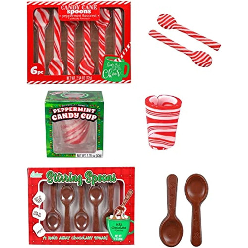 Candy Cane Spoon Bundle - 6 Peppermint Flavored Edible Peppermint Spoons, 5 Milk Chocolate Spoons And Candy Cane Cup - Individually Wrapped