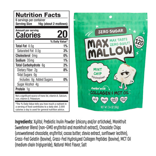 New Know Brainer Max Sweets Low Carb Keto Mint Chip Max Mallow - Atkins, Paleo, Diabetic Friendly Health Snack - Gluten Free, Soy Free & Zero Sugar Marshmallow Non-gmo Ketogenic 3.4oz Bag