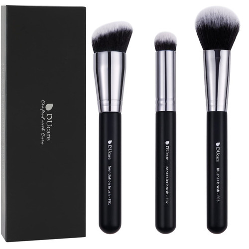 Ducare Makeup Kabuki Brushes 3pcs Foundation Brush Contour Brush Concealer Brush Blusher Brush Bronzer Travel Buffing Stippling Contour Liquid Blending Makeup Brush Set Black