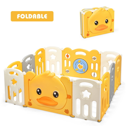 Costway 12-panel Foldable Baby Playpen Kids Yellow Duck Yard Activity Center W/ Sound