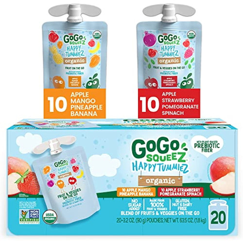 Gogo Squeez Happy Tummiez Organic Variety Pack Apple Strawberry Pomegranate Spinach & Apple Mango Pineapple Banana, 3.2 Oz. (20 Pouches) - Kids Snacks With Prebiotic Fiber – Gluten, Nut, & Dairy Free