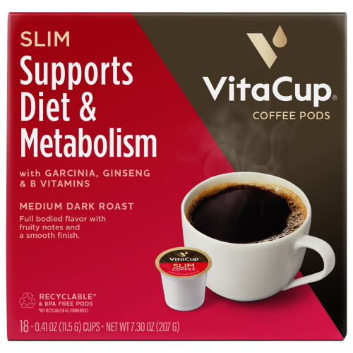 Vitacup Slim Coffee Pods For Diet & Metabolism W/ Garcinia, Fiber & B Vitamins, Recyclable Single Serve K-cup Pods Compatible W/ Keurig, 18 Count