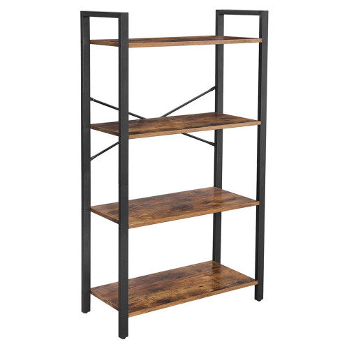 4 Tier Wood And Metal Bookcase With Criss Cross Back, Rustic Brown And Black