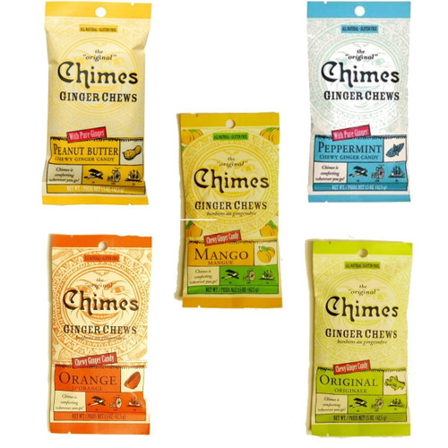 Chimes Ginger Chews - 5 Pack - All Flavors! (original, Mango, Orange, Peanut Butter, And Peppermint)