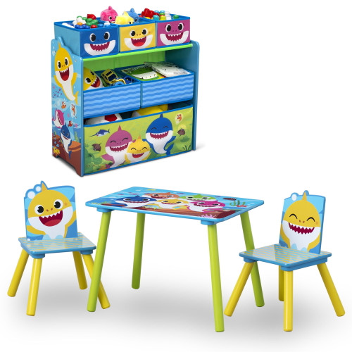 Baby Shark 4-piece Playroom Solution By Delta Children – Set Includes Table And 2 Chairs And 6-bin Toy Organizer