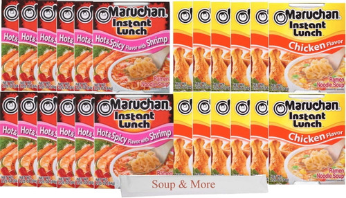 Maruchan Ramen Cup Noodles Instant 24 Count - 12 Hot And Spicy Shrimp Cups & 12 Chicken Cups Lunch / Dinner Variety, 2 Flavors