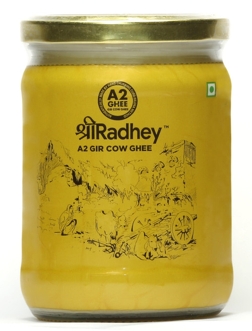 Shree Radhey A2 Bilona Gir Cow Ghee | 500 Ml | 16.9 Oz | 455 Gm | Glass Bottle | Traditional Bilona Method | Cultured | Pure | Natural | Gluten Free | Keto Friendly