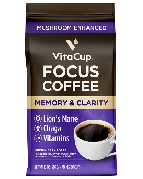 Vitacup Focus Ground Mushroom Coffee With Lions Mane, Chaga, & Vitamins B1, B5, B6, B9, B12, D3 For Immune Support & Focus, Drip Coffee Brewers And French Press, 10 Ounces