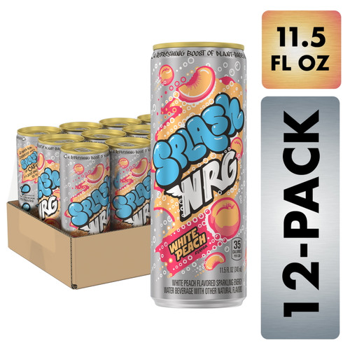 Splash Nrg, White Peach Flavored Sparkling Energy Water Beverage, 11.5 Fl Oz Sleek Can (12 Count)