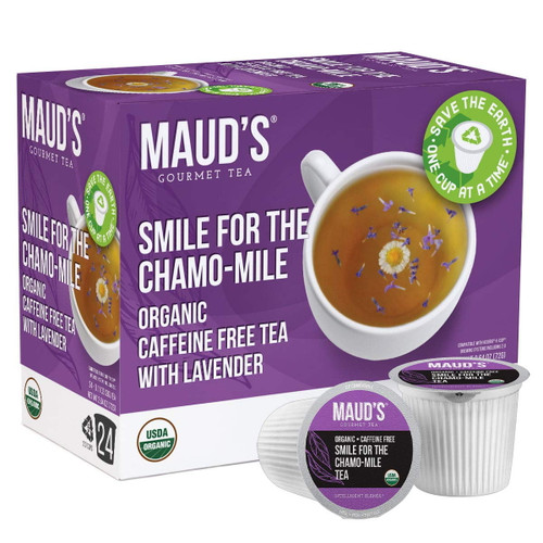 Maud's Chamomile Lavender Tea (smile For The Chamo-mile) 24ct., Recyclable Organic Decaf Tea Pods – 100% Organic Caffeine Free Herbal Tea California Blended, Lavender Chamomile Tea K Cups Compatible