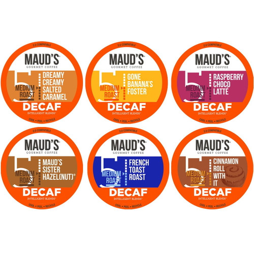 Maud's Flavored Decaf Coffee Sampler Variety Pack, 24ct. Recyclable Single Serve Sample Pack Decaf Coffee Pods - 100% Arabica Coffee California Roasted, Keurig Flavored Coffee Decaf K Cups Compatible