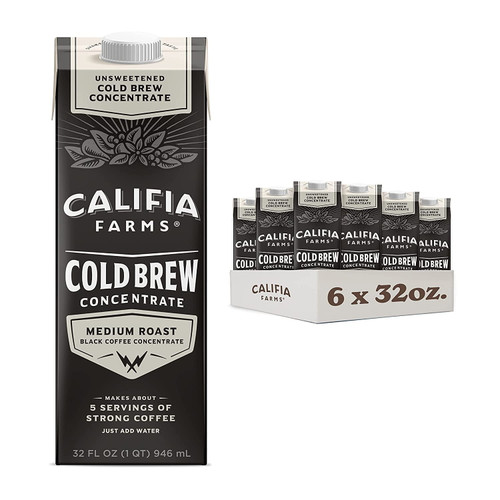 Califia Farms - Unsweetened Cold Brew Coffee Concentrate, 32 Oz (pack Of 6), 100% Arabica, Shelf Stable, Plant Based, Vegan, Gluten Free, Non Gmo, Sugar Free, Iced Coffee