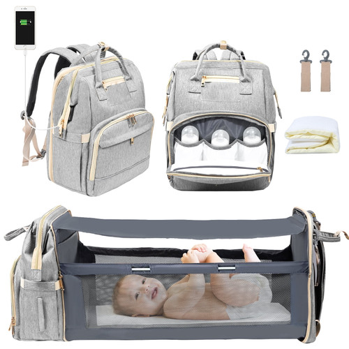 Wisewater Diaper Bag Backpack With Changing Station, Unisex Baby Travel Nappy Bags With Portable Crib, Grey
