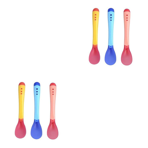 2 Set 3pcs/set Small Toddlers Utensils Plastic Baby Spoons Infant Feeding Tool Heat Sensitive Kids Tableware