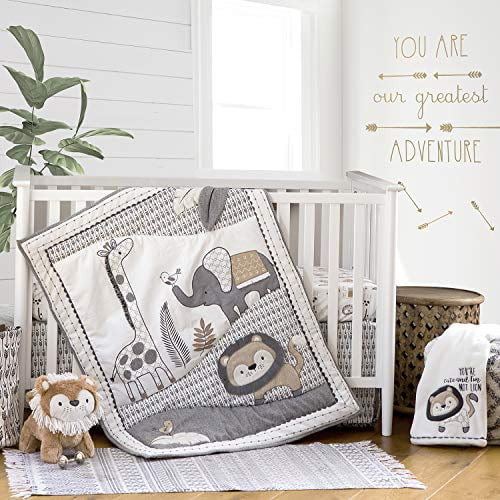 Levtex Baby - Tanzania Crib Set - Baby Nursery Set - Charcoal Cream Tan - Jungle - Giraffe Lion Elephant - 5 Piece Set Includes Quilt, Fitted Sheet, Diaper Stacker, Wall Decal & Bed Skirt/dust Ruffle