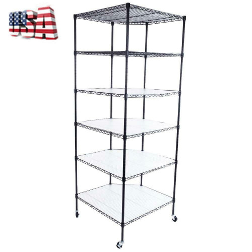 Heavy Wire Steel 6 Tier Corner Shelf Polygonal Rolling Home Garage Storage Rack