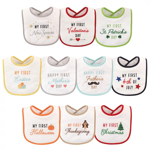 Hudson Baby Infant Cotton Terry Drooler Bibs With Fiber Filling 10pk, Neutral Holiday