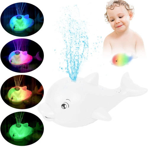 Vonter Baby Bath Toys, Light Up Dolphin Bath Toys With Led Light Spray Water Bath Toys For Toddlers Infant Kids Boys Girls Induction Sprinkler Bathtub Toys Shower Pool Bathroom Toy White