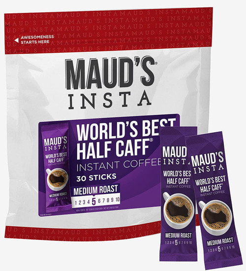 Maud's Instant Half Caff Coffee (insta World's Best Half Caff), 30ct. Solar Energy Produced Single Serve Medium Roast Half Caff Instant Coffee Travel Packs – 100% Arabica Coffee California Roasted