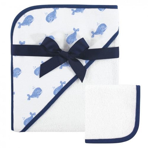 Hudson Baby Infant Boy Cotton Hooded Towel And Washcloth 2pc Set, Whale, One Size