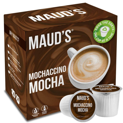 Maud's Dark Chocolate Mocha Cappuccino Dark Roast Espresso Coffee (mochaccino), 18ct. Solar Energy Produced Recyclable Single Serve Coffee Pods, 100% Arabica Coffee California Roasted, Kcup Compatible