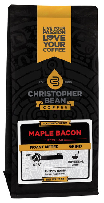 Maple Bacon Flavored Regular Ground Christopher Bean Coffee, 100% Arabica, No Sugar, No Fats, Made With Non-gmo Flavorings, 12 Oz Bag