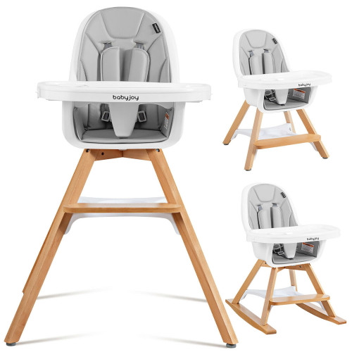 Babyjoy 3-in-1 Convertible Wooden Baby High Chair W/ Tray Adjustable Legs Cushion Gray