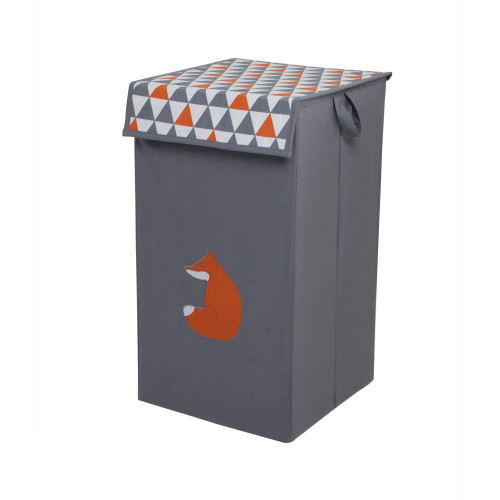 Bacati - Playful Foxes Orange/gray Hamper With Cotton Percale Cover, Mesh Liner And Natural Color Wooden Frame