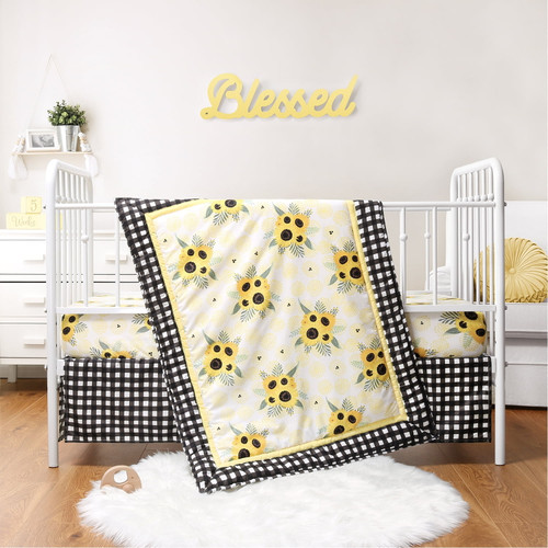 The Peanutshell Sunflower Crib Bedding Set For Baby Girls, 3 Piece Nursery Set