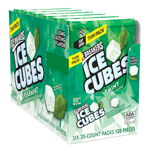 Ice Breakers, Ice Cubes Spearmint Sugar Free Chewing Gum, Made With Xylitol, 1.62 Oz, Thin Pack (6 Count, 20 Pieces)