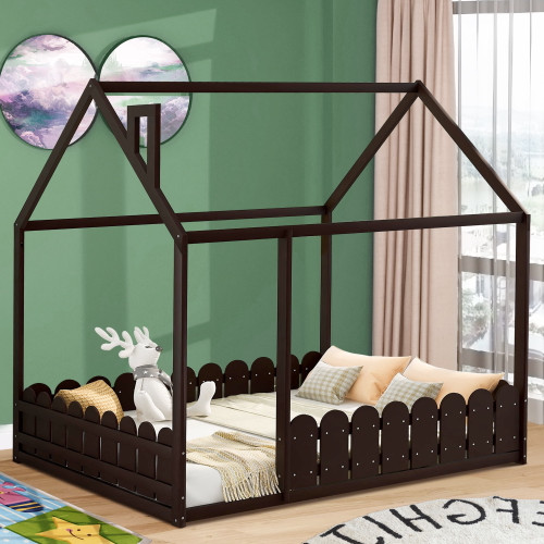 Anysun House Bed For Kids-wood Frame Toddler Canopy Bed- Full Size-espresso