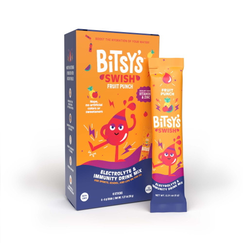 Bitsy's Swish Fruit Punch Electrolyte And Immunity Sports Drink Mix For Kids, Vitamin C And Zinc Hydration Powder, 6 Packets