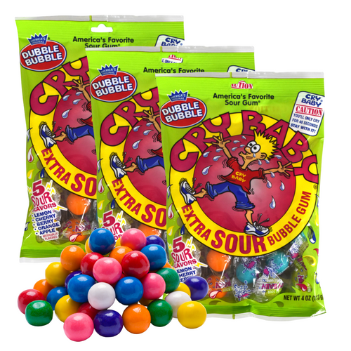 Cry Baby Extra Sour Bubble Gum Candy With 5 Sour Flavors Lemon, Cherry, Berry, Orange And Apple Flavor Gum Ball Great For Fun Halloween Candy Trick Or Treat Goody Fillers And Party Favors 4oz Bag Pack