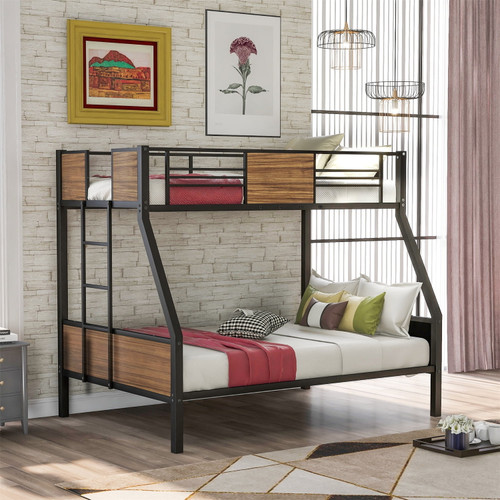 Twin-over-full Bunk Bed, Modern Steel Bed Frame With Full-length Safety Rail & Built-in Ladder & Wood Grain Blocks & Under-bed Storage, For Bedroom Dorm, No Box Spring Needed, Brown