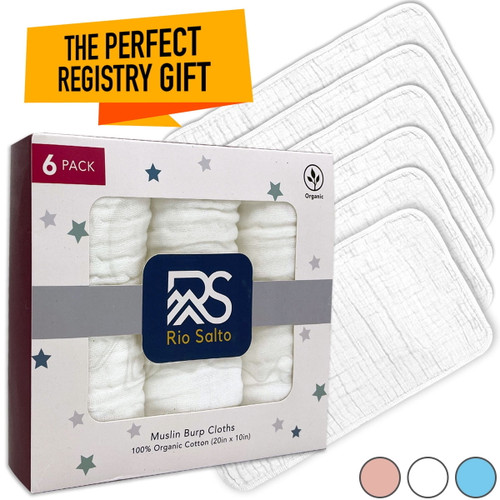 Rio Salto Organic Baby Muslin Burp Cloths 6-pack 100% Cotton Soft Large 20"x 10" For Babies Burp Clothes Burp Bibs Rags Newborn Boys Girls Neutral 6 Layers Extra Absorbert And Soft In Gift Box- White