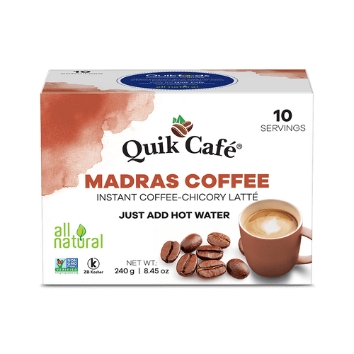 Quik Café Madras Coffee - Single Box 10 Count - All Natural & Preservative Free Single Serve Pouches Of Authentic Kaapi Instant Coffee