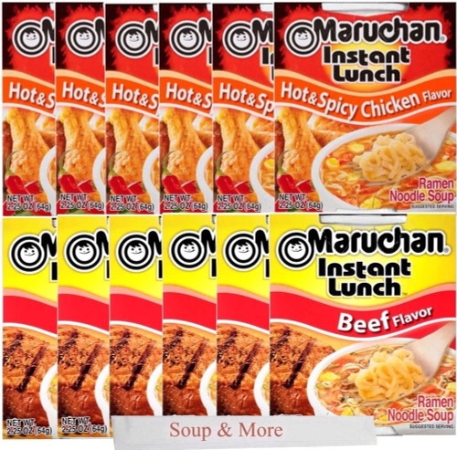 Maruchan Ramen Instant Cup Noodles 12 Count - 6 Beef Flavor & 6 Hot & Spicy Chicken Flavor Lunch / Dinner Variety, 2 Flavors
