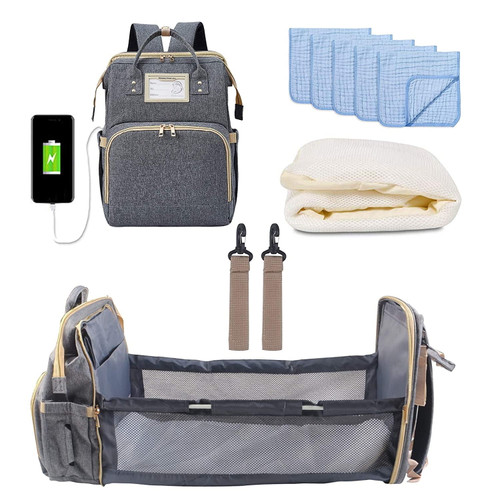 Faylisvow Baby Diaper Bag Backpack With Bassinet With Usb Charging Burp Cloths Insulated Pocket Grey Waterproof Large Capacity