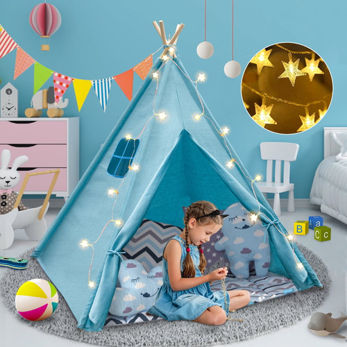 Wisairt Kids Tent, Kids Play Tent With Star Lights And Bunting, Washable Foldable Teepee Tent, Outdoor Indoor Diy Toddler Tent For Girls Boys (blue)